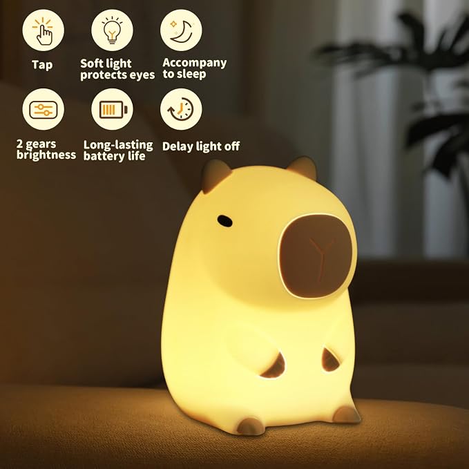 Led Cute Capybara Night Light, Dimmable Nursery Kawaii Lamps, Super Squishy Silicone USB Rechargeable Touch Control Night Lamp for Kids Adults, Used for Camping Party Room Decor (Capybara)