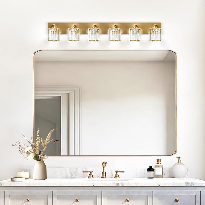 Gold Crystal Bathroom Vanity Light, 6-Light Modern Bathroom Lighting Fixtures Over Mirror,Chrome Wall Sconce Light Fixtures with Square Shade