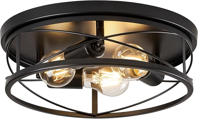 Farmhouse Light Fixtures, Black Round Metal Flush Mount Ceiling Light, 3-Light Cage Ceiling Lamp for Kitchen, Foyer, Bedroom, Hallway（Bulbs Not Included）