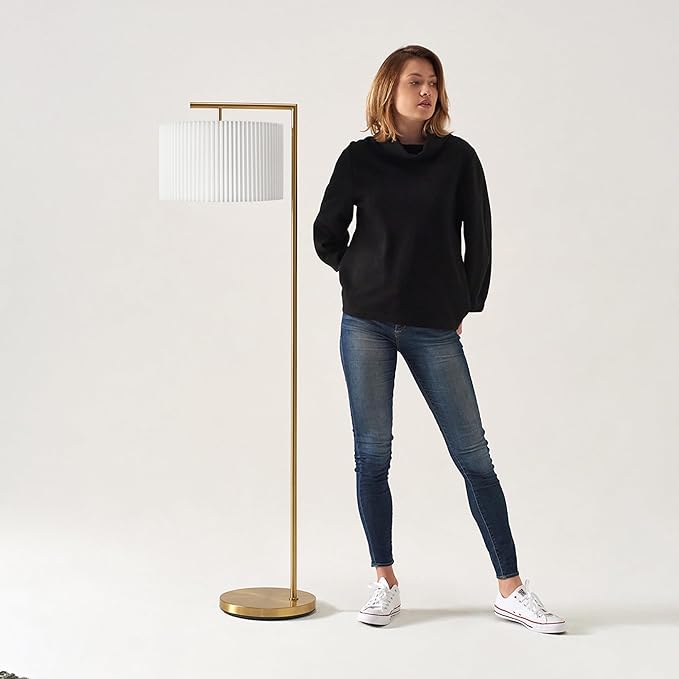 Brightech Montage Modern Floor Lamp - LED Standing Lamp with Tan Shade for Living Rooms & Offices - Bedroom Reading Light - Tall Corner Pole Lamp for Contemporary Home Decor - Antique Brass