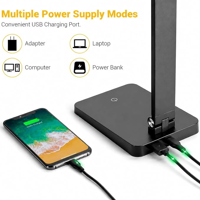 LED Desk Lamp for Home Office, 3 Levels Dimmable Desk Light with USB Charging Port, Small Study Lamp, Reading Light for Table, Black, 5000K