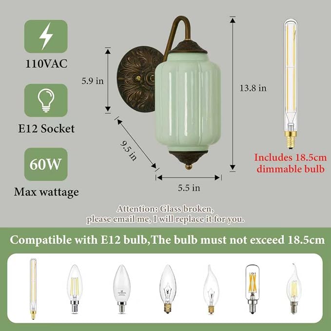 Vintage Milk Glass Wall Sconce - Antique Green Dimmable Sconce Bulb×1 | Mid Century Brass Gold,Up or Down Install,Art Deco Retro Vanity Light Fixture for Hallway Bathroom Bedroom Bedside Door Sides