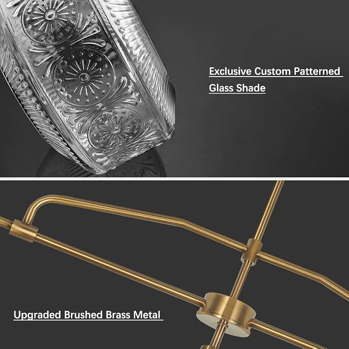 Farmhouse 3-Light Adjustable Kitchen Island Lighting with Clear Glass Shades, Brass Gold Finish Pendant Lights for Dining Room Table, Industrial Island Lights Chandelier for Modern Home Decor