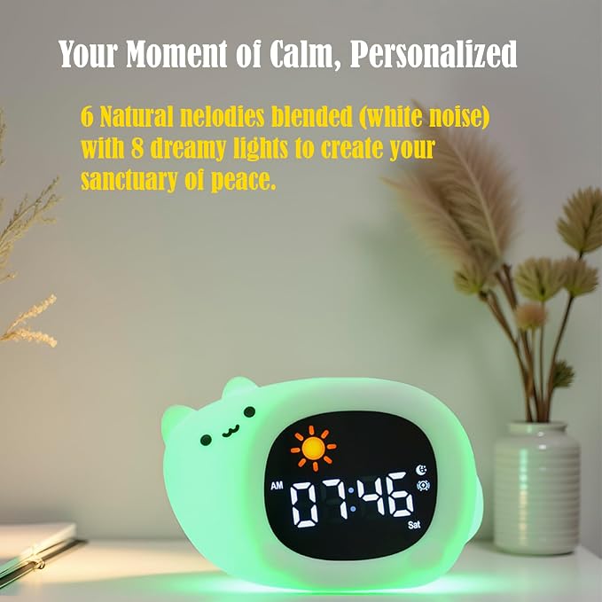 Dog Cartoon Ok to Wake Alarm Clock, White Noise Tap Night Light for Room | 6 White Noise Sounds, 8 Light Modes, Dual Alarm & Snooze, Dimmable LED, Type-C Rechargeable, 12/24 Hour Display
