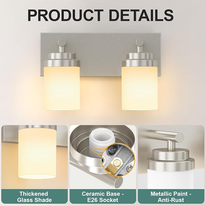 IZORRO Bathroom Vanity Light Fixture, 2-Light 15 Inch Brushed Nickel Bathroom Light Fixtures Over Mirror, with White Glass Shade, Modern Farmhouse Vanity Lights, Rustic Restroom Lighting Fixtures