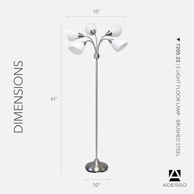 Adesso Floor Lamp with 5 Movable Shades & Adjustable Brightness, Brushed Steel Finish, Silver Perfect Lighting for Bedroom Decor, Beauty & Art Studio