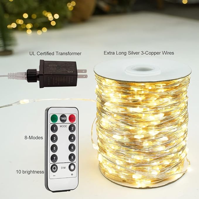 Plug in Fairy Lights 100FT 300 LED Waterproof Silver Wire LED Twinkle String Lights with Remote for Living Room Bedroom Patio Porch Garden Christmas Tree Wedding