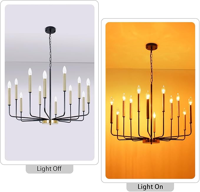 Black and Gold Chandelier for Dining Room, 12-Light Farmhouse Dining Room Light Fixture, Candle Chandelier Light Fixtures, Modern Chandeliers for Living Room Kitchen Foyer Staircase