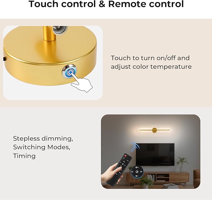 Battery Operated Wall Sconces Set of 2, 10000mAh Wireless Rechargeable Wall Lights Dimmable Detachable Wall Lamp with Remote Control, 3000K-6500K Dimmable Wall Sconce 28.3 Inch Gold
