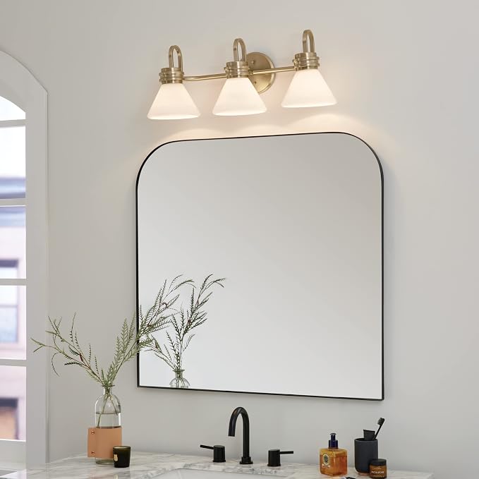 Kichler Farum 3-Light Bathroom Vanity Light, Champagne Bronze | Modern vanity light with opal glass for bathroom mirrors (26" x 9.5"), 55155CPZ
