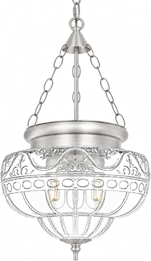 3-Light Brushed Nickel Pendant Light Fixtures with 12In Unique Thickened Glass, Vintage Pendant Lights Kitchen Island with Adjustable Chain, Hanging Light Fixtures for Entryway, E26*3
