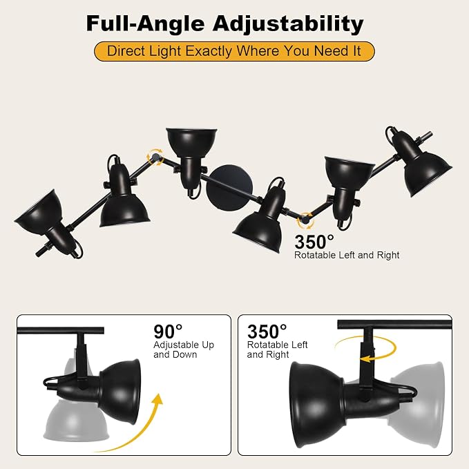 HiBay 6-Light Track Lighting, Adjustable Ceiling Light Fixture Black | Industrial Track Spot Light Indoor for Kitchen, Dining Room, Living Room, E26 Base (Bulb Not Included)