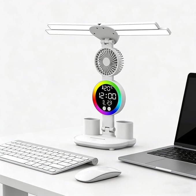 6-in-1 Led Desk Lamp Adjustable Foldable Table Lamp with Fan, Clock, Dates, Temperature, Pen Holder, 3 Color & Stepless Dimming, Reading Lamp for Study Table Work Office