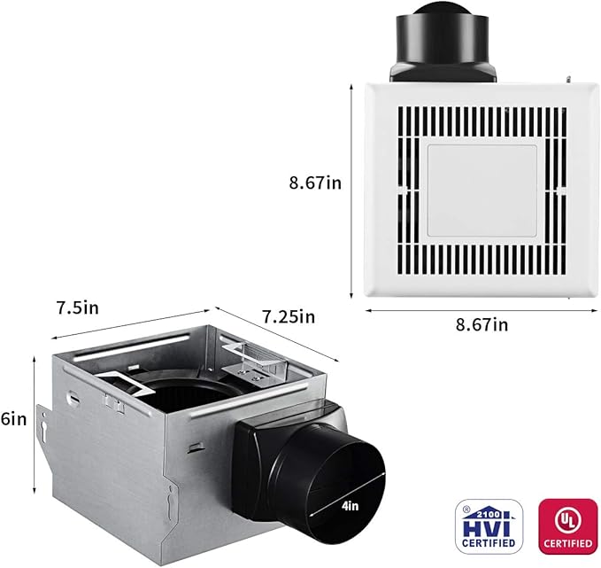 Tech Drive Bathroom fan with light 80 CFM, 2.0Sone No Attic access Needed Installation,Very Quiet Ventilation and Exhaust Fan With LED light 4000K 600LM