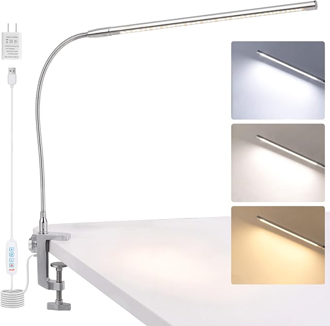 Space Aluminum LED Desk Lamp with Clamp Reading Study Desk Light | Clip on Light for 3 Modes 10 Brightness Flexible Gooseneck with USB Adapter Table Lamp for Home Office Computer Nail Work
