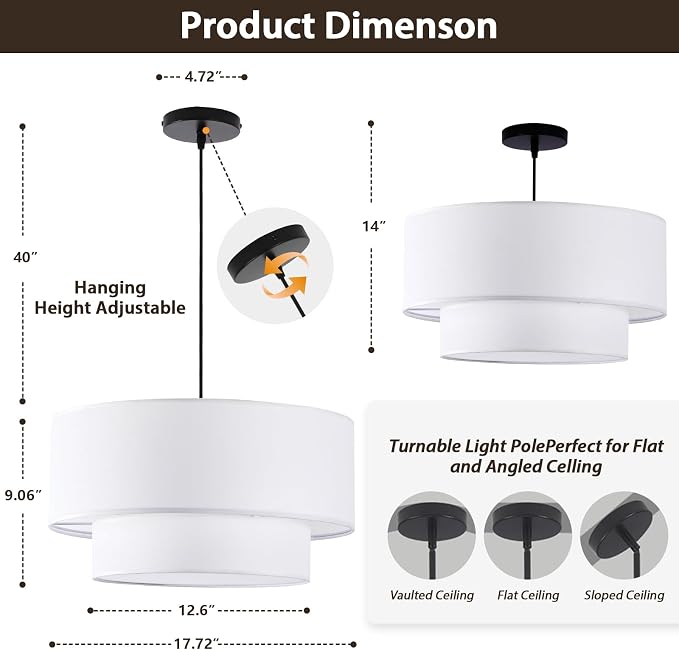 Drum Pendant Light, 18" Drum Chandelier with 2-Tier Lampshade | 3 Light Linen Pendant Light Fixture, White Lampshade, Modern Drum Light for Dining Room, Living Room, Bedroom, Kitchen