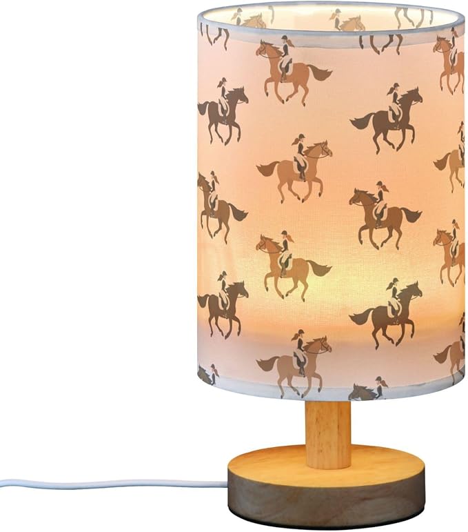 Table Lamp Cowgirl on Horse Pattern Nightstand Lamp with Wood Base Fabric Lamp Shade Bedside Desk Lamp for Living Room Bedroom Kids Room Office