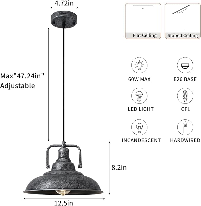 Black and Silver Pendant Light 12.5 inches 3 Packs, Farmhouse Pendant Light, Industrial Pendant Light, Kitchen Pendant Lights, Pendant Lights Kithen Island for Bedroom; Living Room; Kitchen