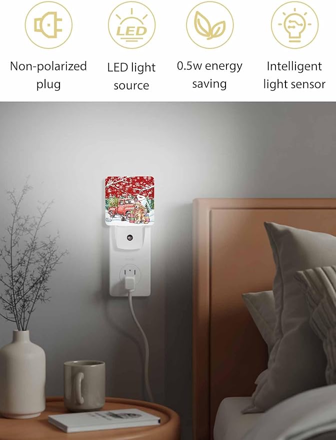 Christmas Night Lights Plug into Wall LED Night Light Christmas Tree Dog and Gift Winter Berry Automatic Dimmable Dusk-to-Dawn Square Shaped Smart Nightlight for Bathroom/Bedroom
