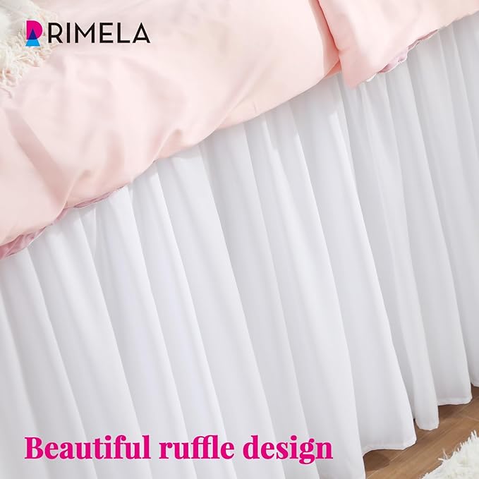 RIMELA Dorm Bed Skirt Twin XL 32 Inch Drop, Easy to Install Extra Long Wrap Around Elastic Dust Ruffle, White Bedskirt Solid Silky Fabric Machine Washable, Bedroom Decor