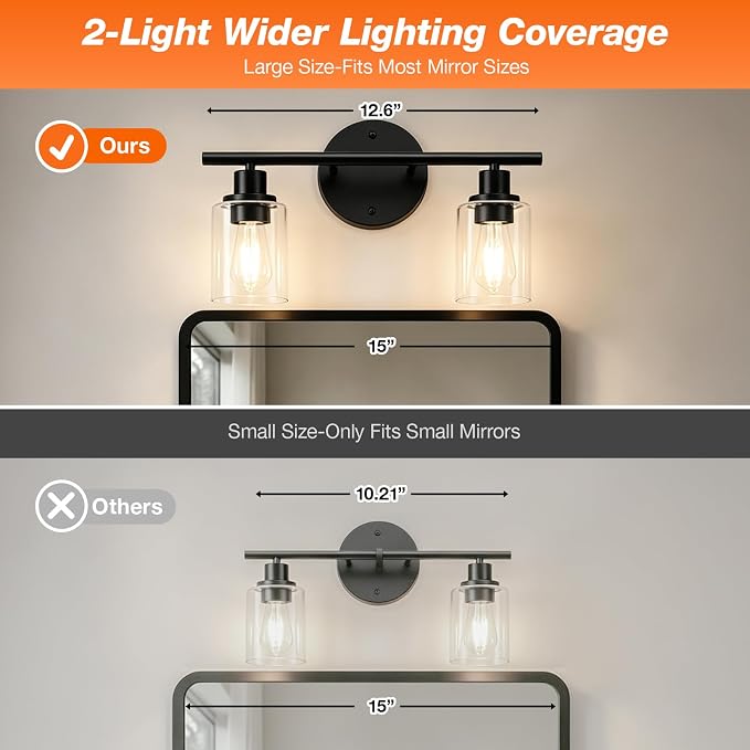 LEDVANCE Sylvania Modern Bathroom Light Fixture with 2 Clear Glass Shades, Iron with Black Finish, E26 Medium Base, Vanity Lights for Bathrooms, Foyers, Entryways - 1 Pack (67971)