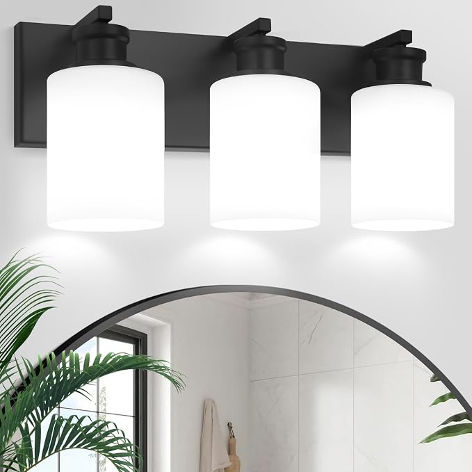 Bathroom Vanity Light, Modern 3 Light Bathroom Light Fixture Over Mirror | Light Fixture Over Sink with White Glass Shade, Black Vanity Lights for Bathroom, E26 Base, 16.5 inch (Bulbs Not Included)