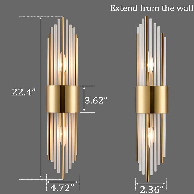 2-Light Modern Crystal Wall Sconces Titanium Gold Frosted Glass | Gold Vanity Wall Light Luxury Set of 2 Wall Light Fixtures for Bedroom Living Room Dining Room Vanity Mirror Light