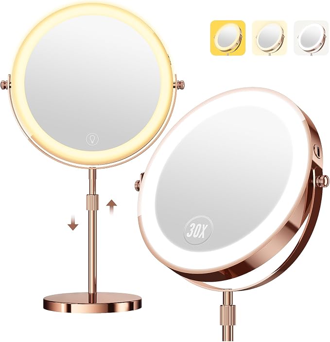 30X Makeup Mirror with Lights, Brightness Adjustable with 3 Colors, Double Sided Magnifying Mirror with 360° Rotation, Lighted Makeup Mirror with Magnification, Ideal Gift for Her - Rose Gold