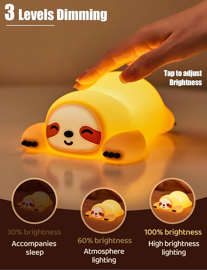 Cute Sloth Night Light, Squishy Sloth Novelty Animal Lamp, 3 Level Dimmable Nursery Nightlight with Timer, Food Grade Silicone Touch Night Light Fun Gifts for Kids Boys Girls Baby