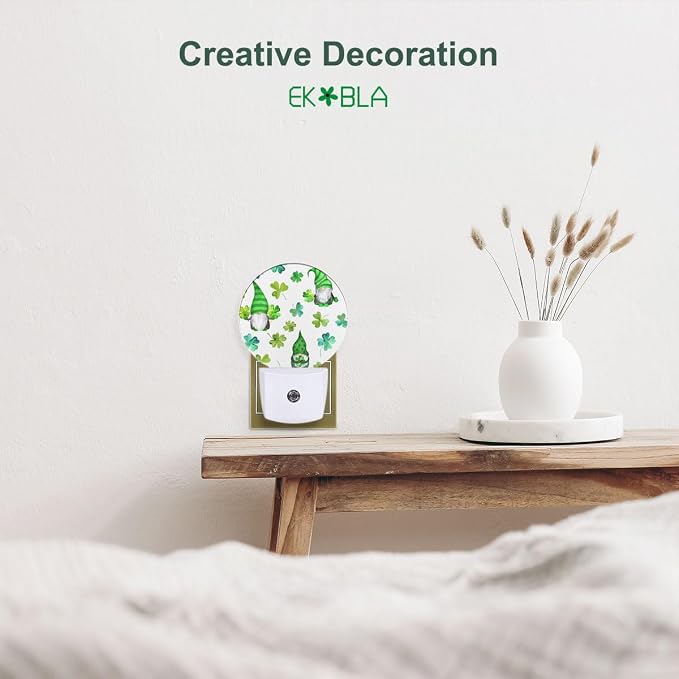 EKOBLA St. Patrick's Day Gnome Night Light, Green Shamrock Clover Night Lights Plug Into Wall with Auto Sensor for All Ages