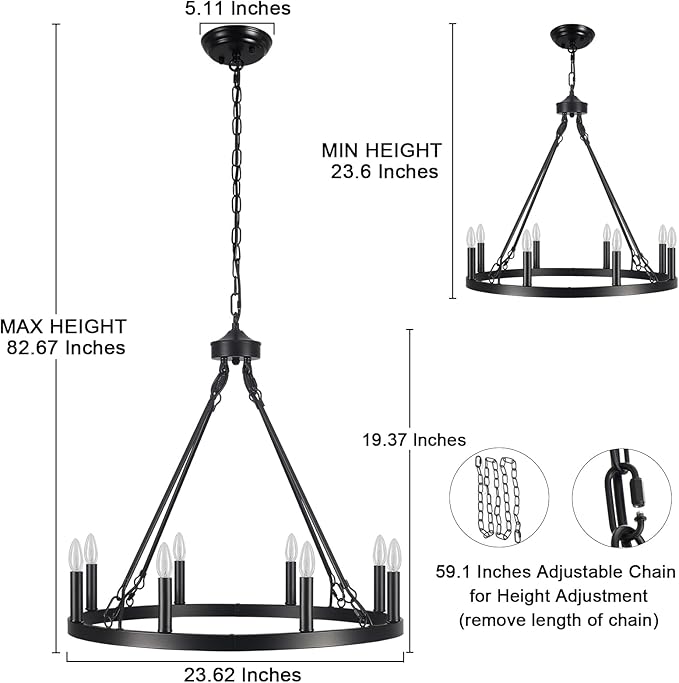 LASENCHOO Round Black Wagon Wheel Chandelier Farmhouse for Dining Room Light Fixture 8 Lights Dia 23.6" Large Wrought Iron Black Chandeliers for High Ceilings Outdoor Entryway Foyer Living Room Porch