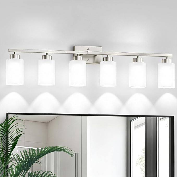 IZORRO Modern Bathroom Light Fixtures, 6 Light Brushed Nickel Vanity Lights, Bathroom Lighting Fixtures Over Mirror with White Glass for Living Room Cabinet Bedroom