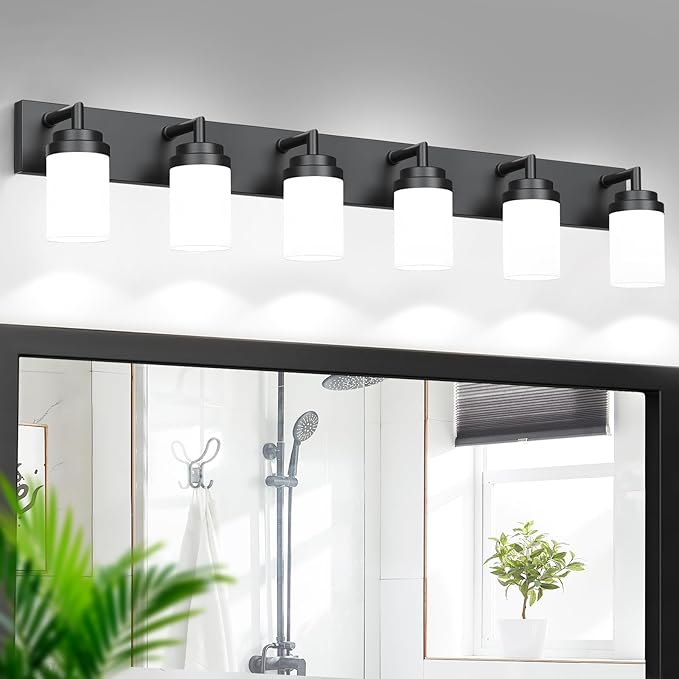 Bathroom Light Fixtures, Matte Black Bathroom Lighting Fixtures Over Mirror, Modern Vanity Light with White Glass Shade, Restroom Lighting Fixtures, 6-Light 46-inch