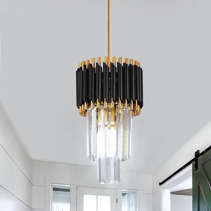 Crystal Chandelier Gold Pendant Light Fixtures Modern Crystal Pendant Light for Kitchen Island D7.5'' Black and Gold Chandelier for Dining Room Bedroom Living Room Hanging Light with a Bulb