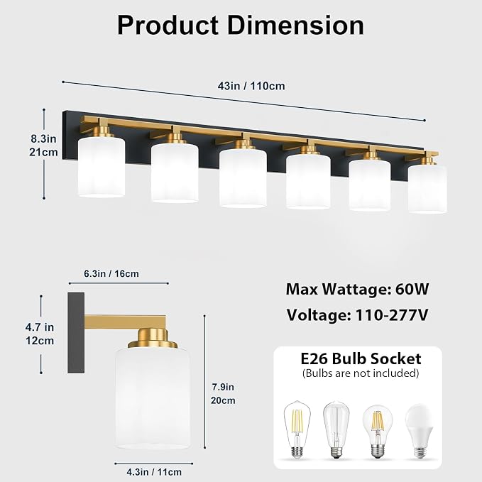 Black and Gold Bathroom Light Fixture, Modern 6 Light Vanity Lights for Bathroom Lighting Fixtures Over Mirror, White Glass Lampshade, Master & Guest bathrooms Bathroom Remodel, 43-inch