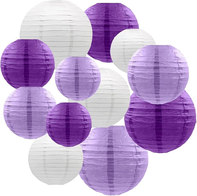 12pcs Purple Hanging Paper Lanterns,Lilac Round Paper Lanterns for Birthday,Baby Shower,Wedding,Party,Home Ceiling Decoration（4" 6" 8" 10" ）