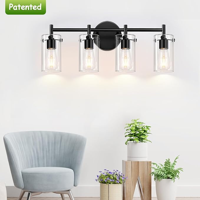 4-Light Matte Black Bathroom Vanity Light Fixtures, Clear Glass Shade Wall Sconces for Mirror, Bedroom, Living Room, Hallway