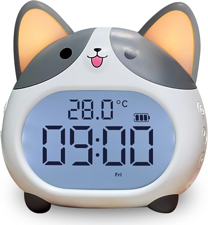 AVEKI Alarm Clocks for Kids - Cute Dog Clock with Night Light, 6 Alarm Tones, Snooze, Timer, Date and Temperature Display - Rechargeable Battery Operated Digital Clocks for Bedroom Kids Room