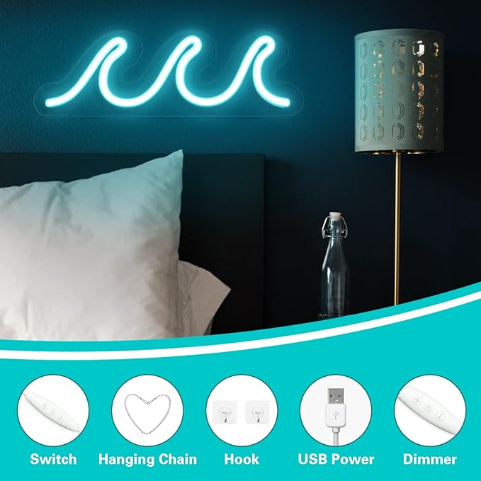 Wave Neon Signs for Bedroom, Ice Blue LED Neon Signs for Wall Decor, Night Lights USB Powered with Dimmer & Switch, Tropical Decor for Living Room, Bar, Dorm, Birthday Gift, Wedding Party