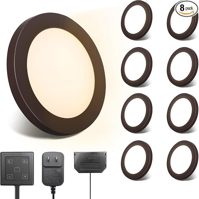 V4light Wired LED Puck Lights, Under Cabinet Lighting Touch Dimmer, 8 Pack | Ultra-Thin 6mm Dimmable, 2700K-6500K, Plug-In Powered, Easy Install, for Kitchen, Pantry, Closet, Counter & Display