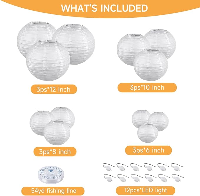 HAUSPROFI 12pcs White Paper Lanterns with LED Lights, Chinese Hanging Lanterns (6" 8" 10" 12") with Fishing Line, Paper Lanterns Decorations for Wedding Birthday Party Bridal Shower Home Outdoor Decor