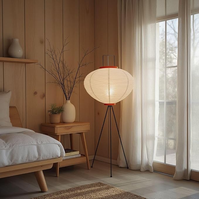 Noguchi Japanese Rice Paper Floor Lamp • 3000K Akari Standing Light for Living Room Bedroom, Modern Paper Lamp Design, Warm White Ambiance Lighting