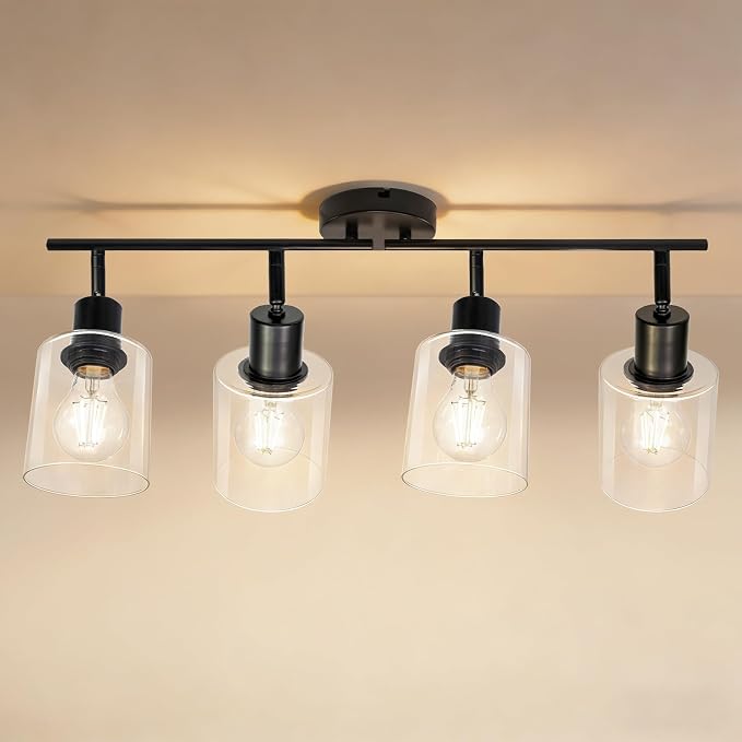 HiBay 4-Light Black Track Lighting Fixture Rotatable Ceiling Wall Spotlight | Adjustable 4 Heads with Glass Shades, Modern Farmhouse Industrial, for Kitchen, Dining Room, Bathroom, E26 Base