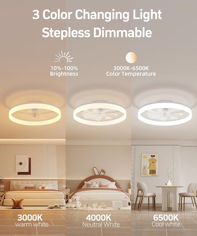 Smart Ceiling Fans with Light and Remote,20" Low Profile Ceiling Fan with 6-Speed & Dimmable LED, Alexa/APP Home Voice Control, App, Reversible Airflow, App Timer, for Bedroom（White）