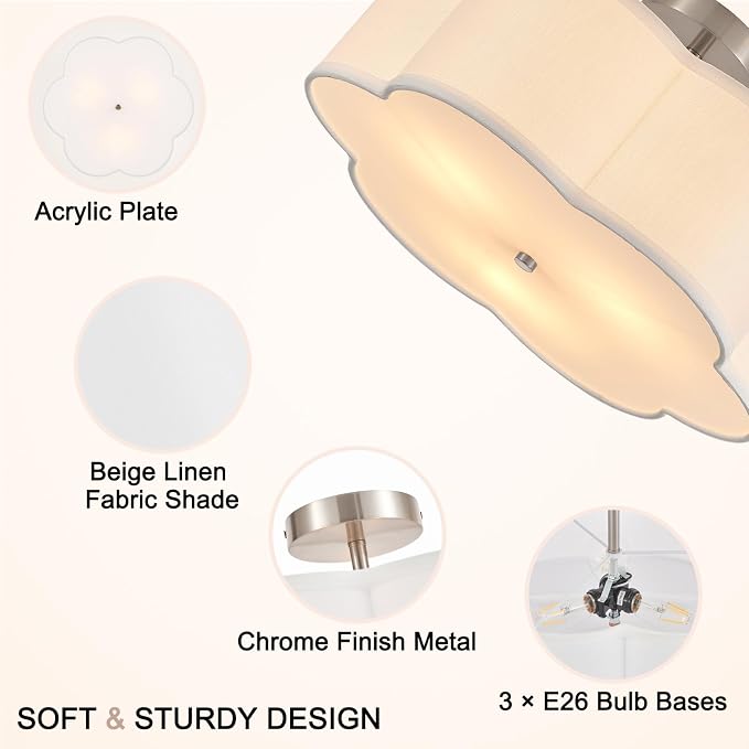 18" Chrome Semi Flush Mount Ceiling Light, 3-Light Petal Fixture | White Beige Linen Petal Shade, Modern Chrome Style For Bedroom, Living, Kitchen And Nursery; Close-To-Ceiling, E26, Dimmable