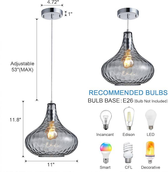 Hammered Glass Pendant Light 11" Industrial Farmhouse Ceiling Light | Smoke Gray Glass Shade, Chrome Finish, E26, Adjustable Hanging Light for Kitchen Island, Dining Room, Entrywayv