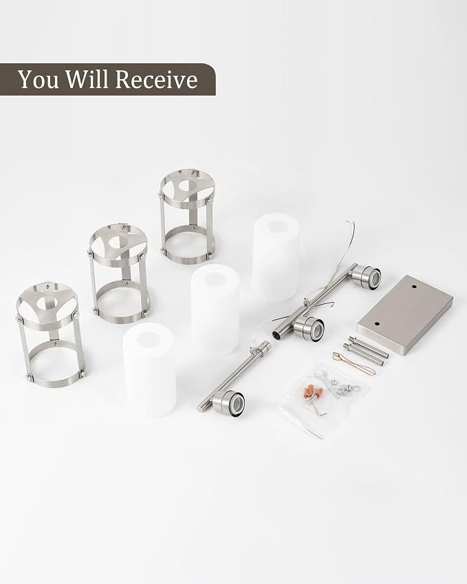 3-Light Brushed Nickel Bathroom Light Fixtures with Milk Frosted Glass, 21" Modern Bathroom Vanity Lighting Fixtures Over Mirror with Metal Cage, Wall Sconce Lights for Bath, E26, OS-3014BNW-3W
