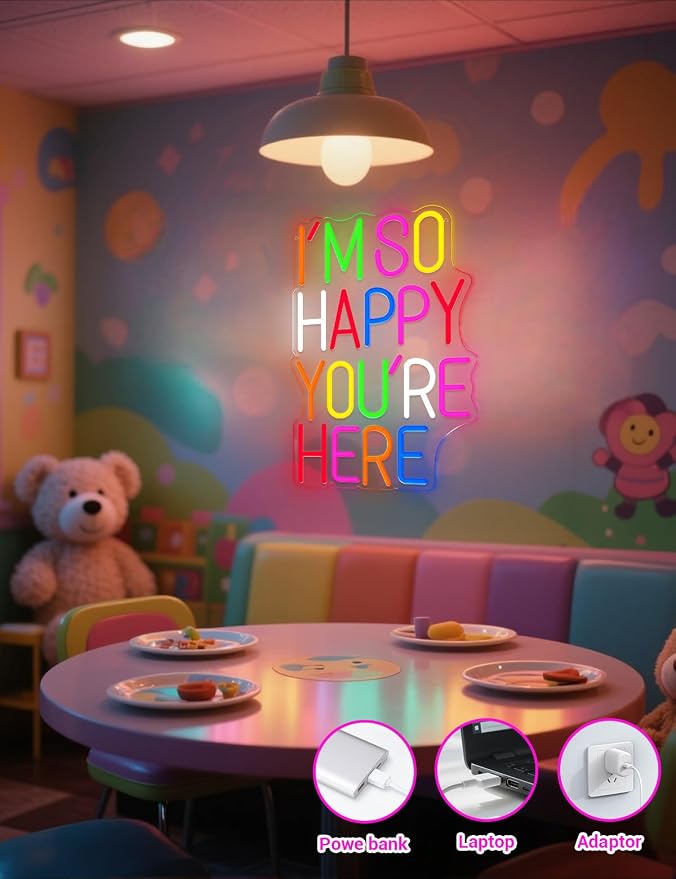 I'm So Happy You're Here Neon Sign, Welcom LED LED Neon Light Sign for Classroom & Kids Room, Positive Affirmation Wall Decor for Home, Cafe & Business, Colorful Letter Neon Sign (You're Here)