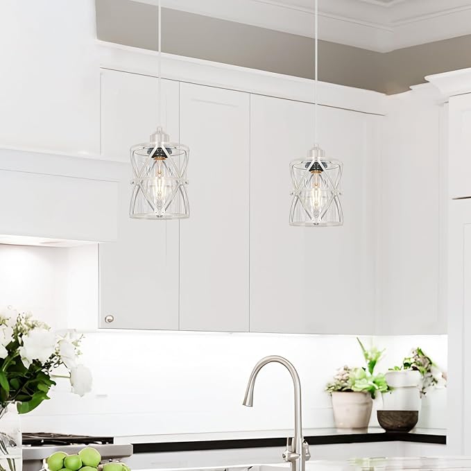 Brushed Nickel Pendant Lights for Kitchen Island, 2 Pack Adjustable Bathroom Pendant Light, Modern Hanging Lights with Clear Glass for Dining Room Island Sink, E26 Base,5.51'' Shade 59.06''Cord