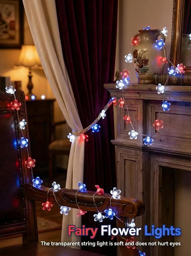 July 4th Independence Day Flower Battery Operated Indoor String Lights 30L | Red Blue White Cherry Blossom Outdoor Fairy Lights Waterproof Memorial Day